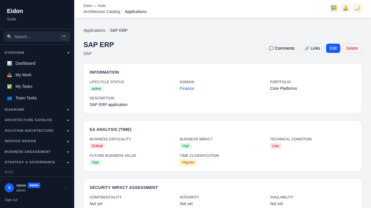 An application detail page showing its fields, relationships, contracts, diagrams and version history panels.