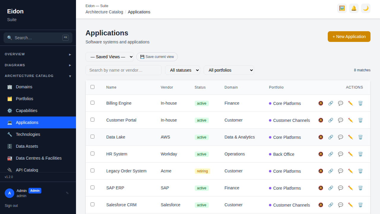 The Applications list page showing the table of applications with lifecycle, portfolio and tag filters.
