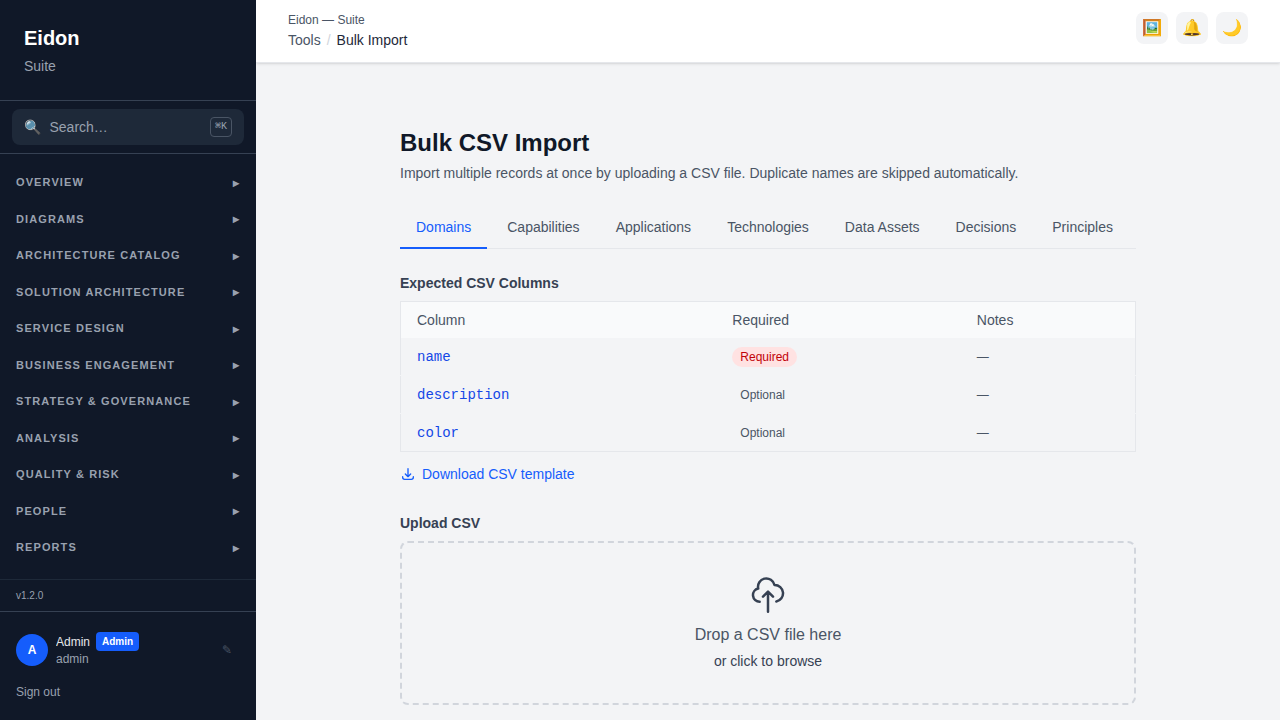 The Bulk Import page showing entity-type selection, the CSV template download, and the upload area.