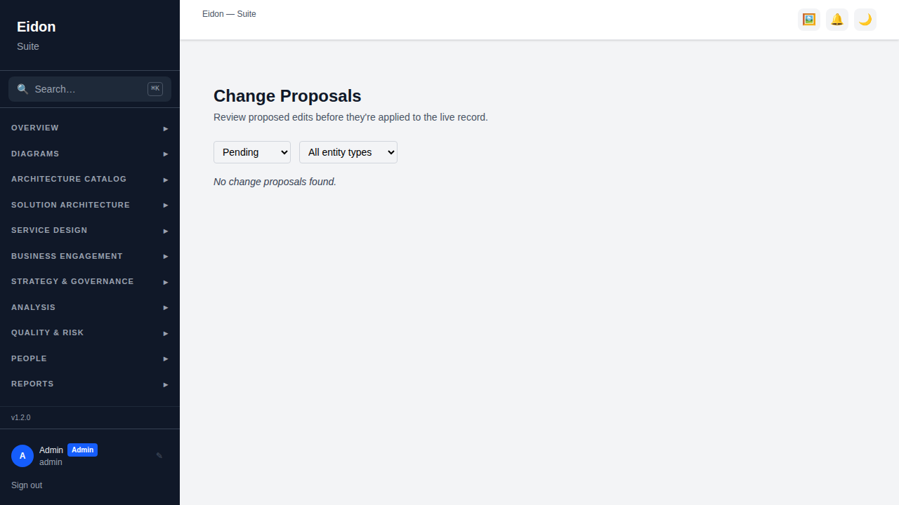 The Change Proposals page showing pending field-level changes awaiting reviewer approval.