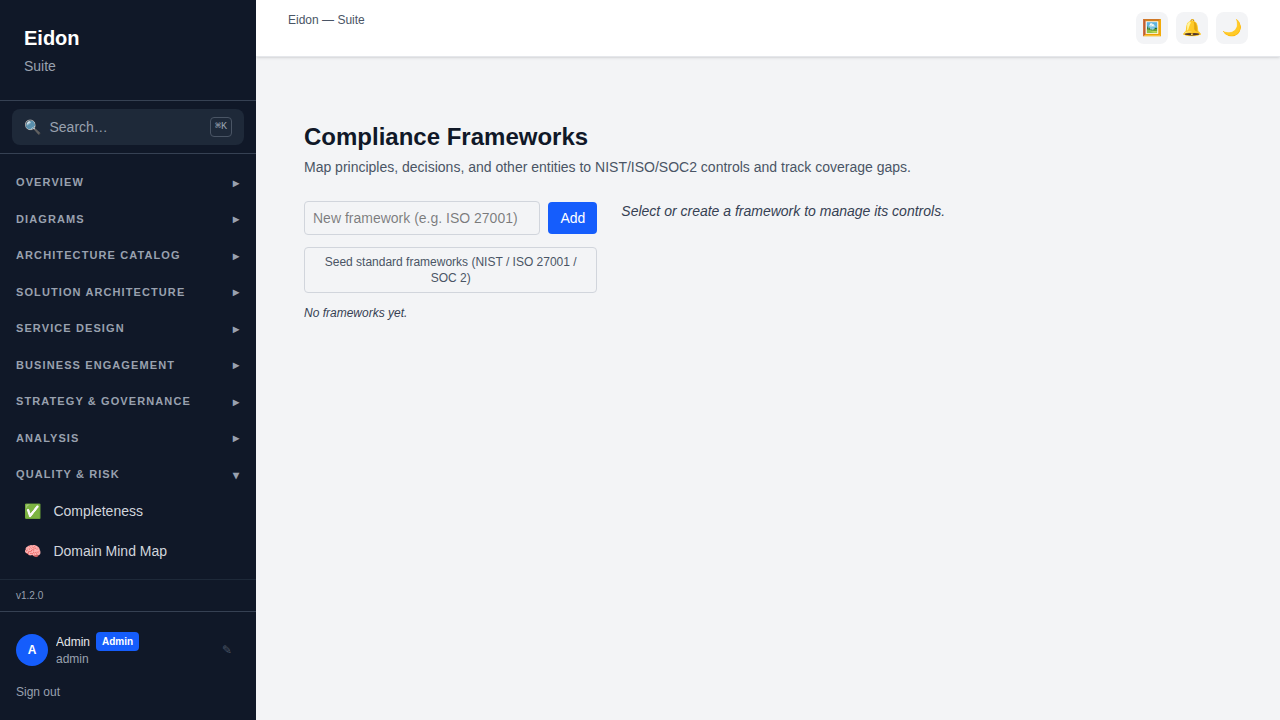 The Compliance Frameworks page showing a framework broken into controls with per-control coverage status.