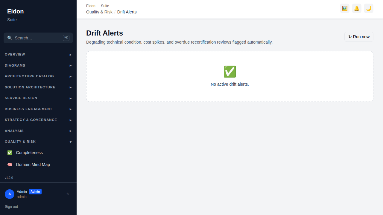 The Drift Alerts page showing alerts for degrading condition, cost spikes and overdue recertifications.