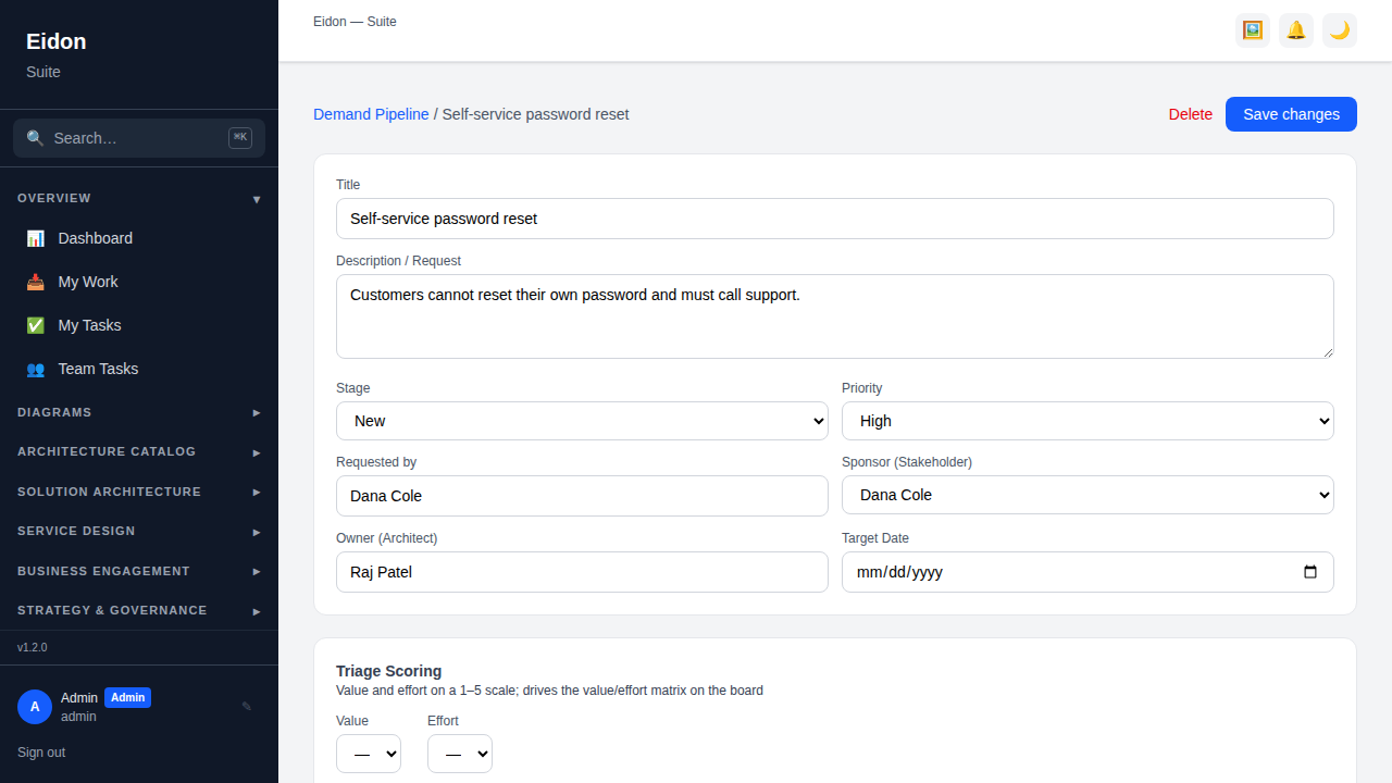 An engagement detail page showing triage scoring, initiative details, benefits, satisfaction, interaction log and stakeholder plan.