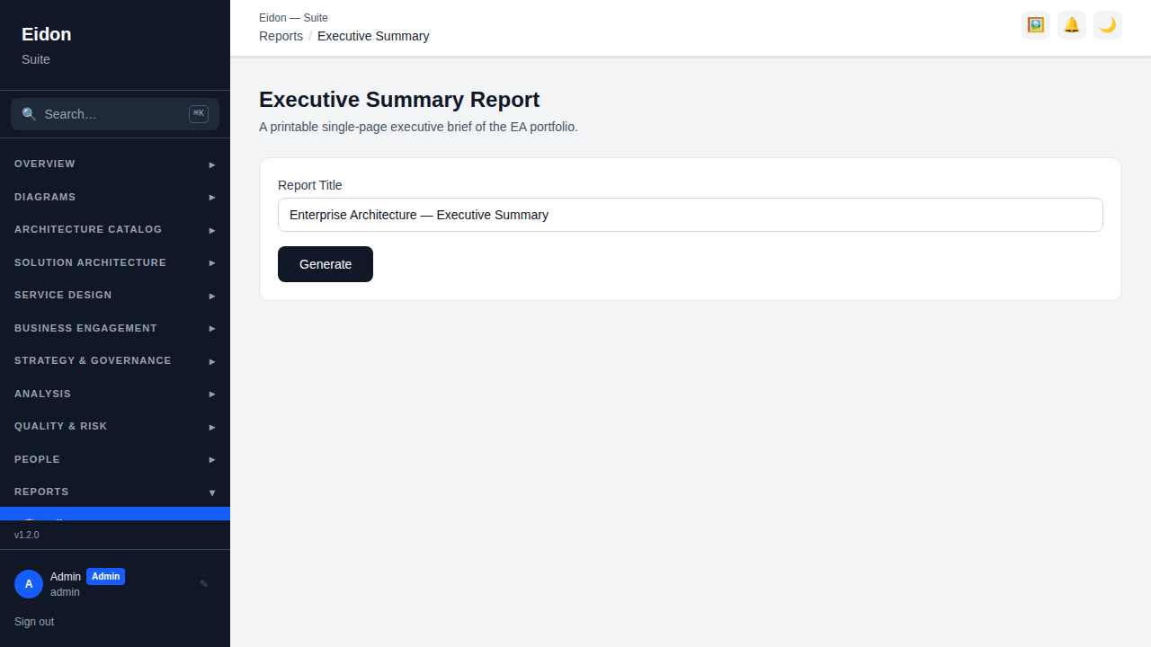 The Executive Summary report showing portfolio, maturity, cost, risk and security/resilience sections on one page.