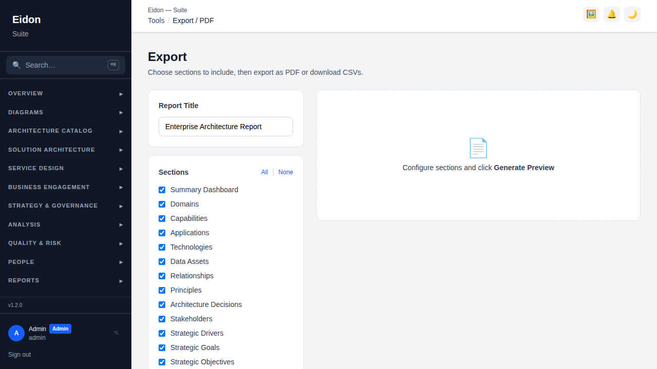 The Export page showing configurable report sections ready for PDF or per-section CSV export.