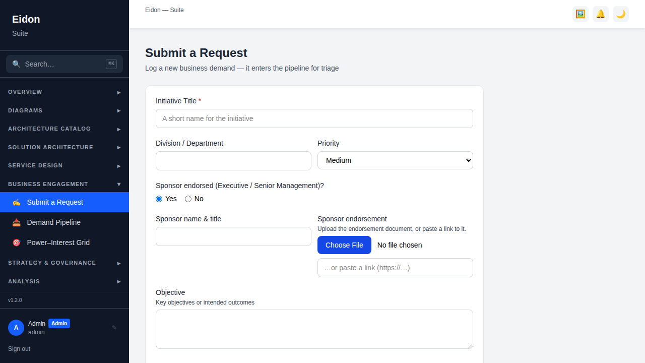 The public "Submit a Request" intake form showing initiative title, division, sponsor endorsement and objective fields.