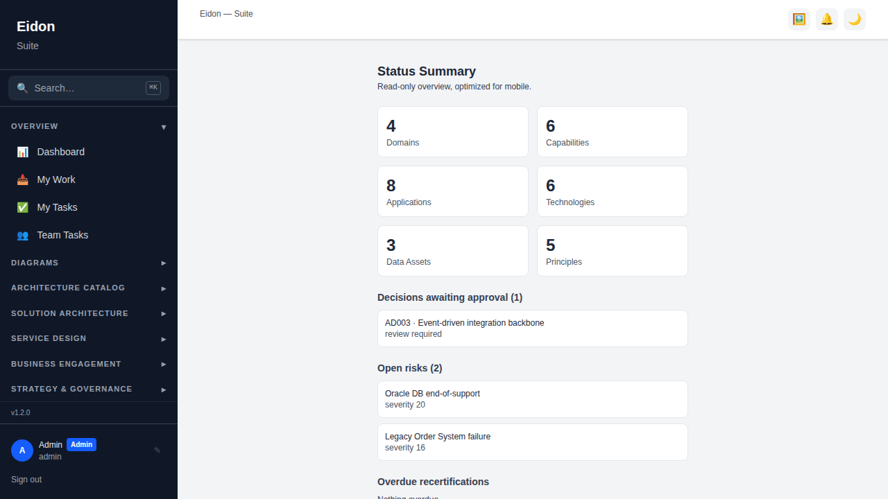 The Mobile Summary page showing a condensed, phone-friendly overview of entity counts, alerts and recent activity.