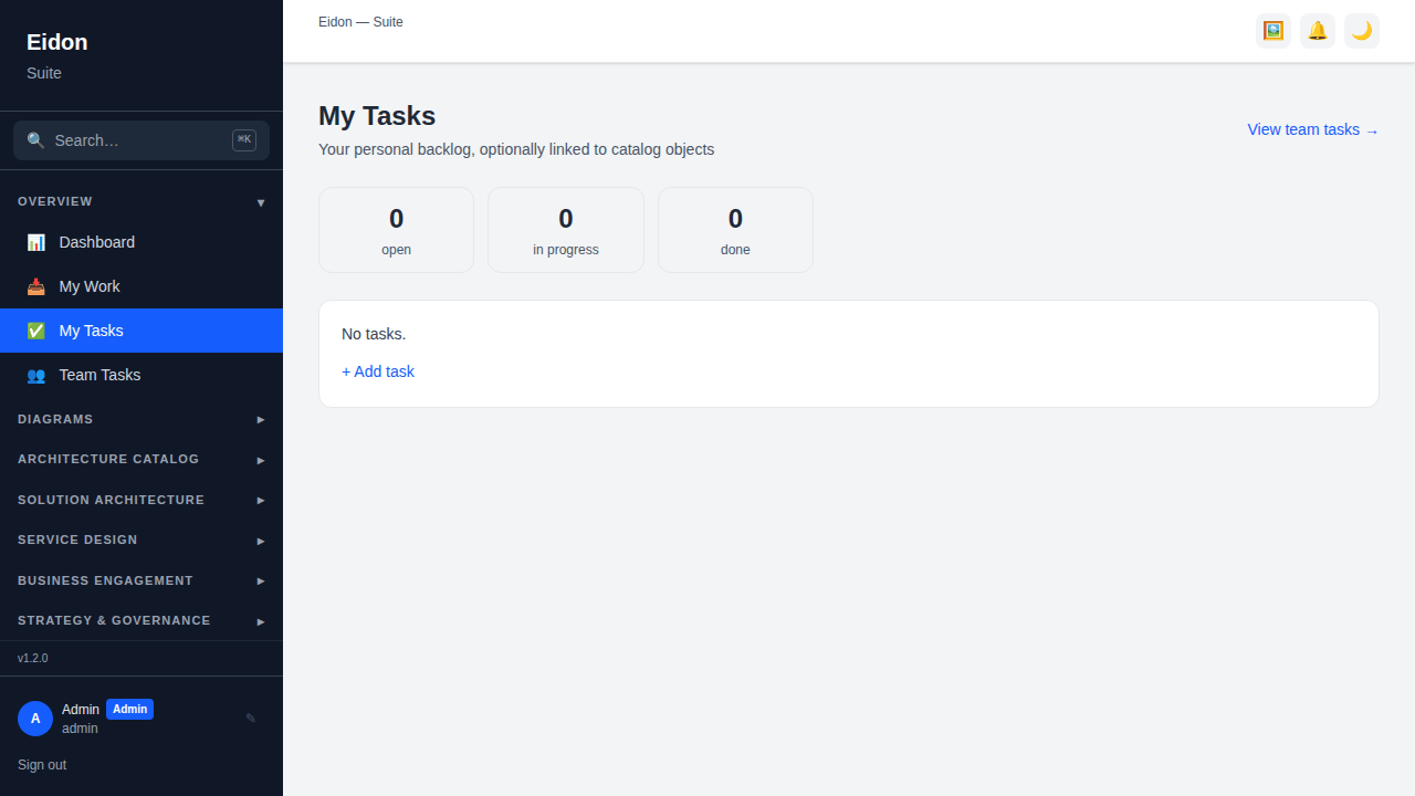 The My Tasks page showing a personal task backlog with status filters and linked catalog objects.