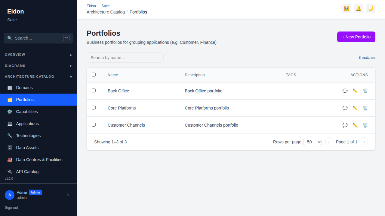 The Portfolios list page showing each portfolio with its description and linked application count.