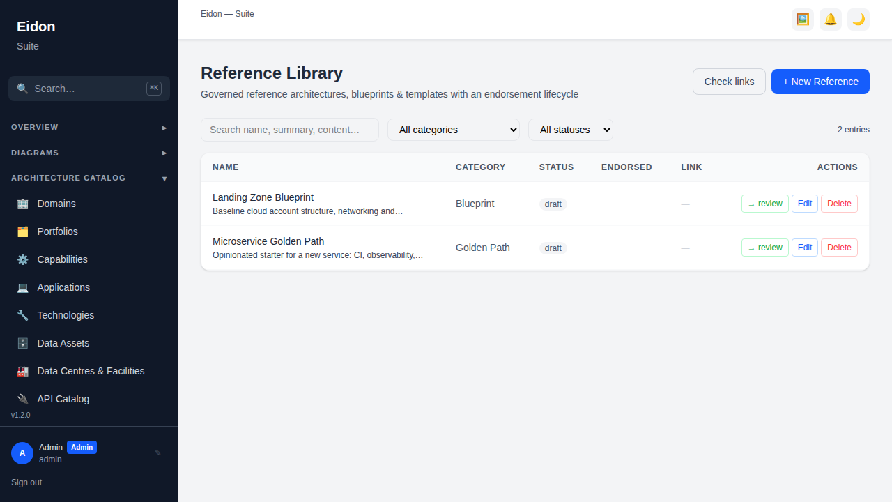 The Reference Library showing governed reference architectures with category, status and link-health indicators.