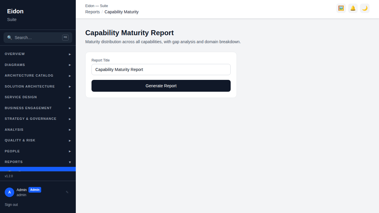 The Capability Maturity Report showing a printable summary of current versus target maturity by domain.