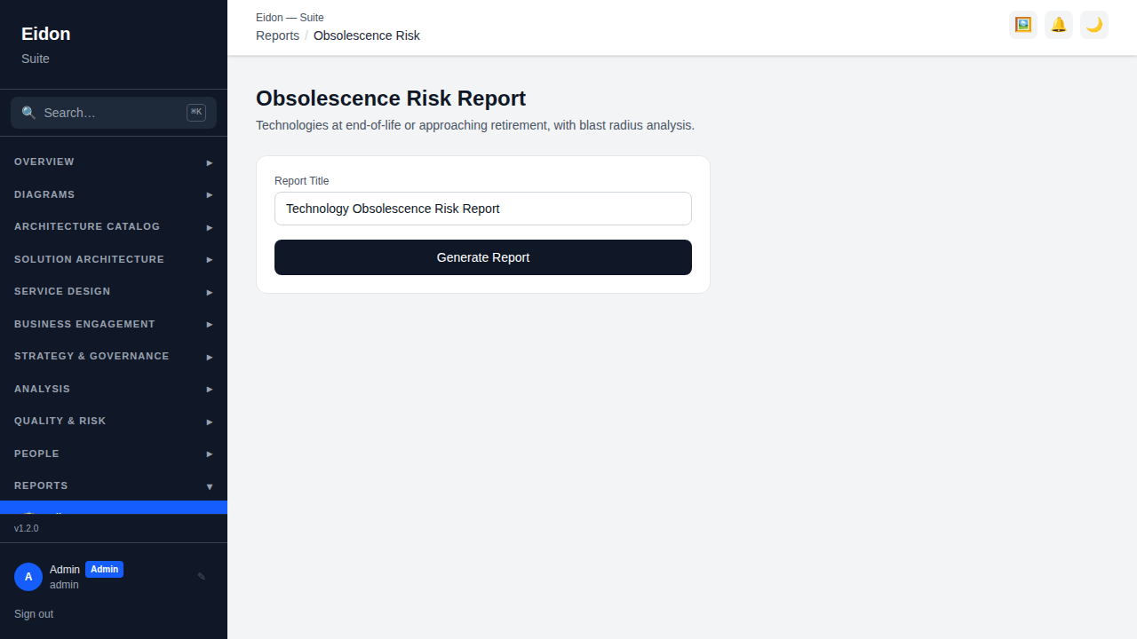 The Obsolescence Risk Report showing a printable summary of technologies flagged by risk level.