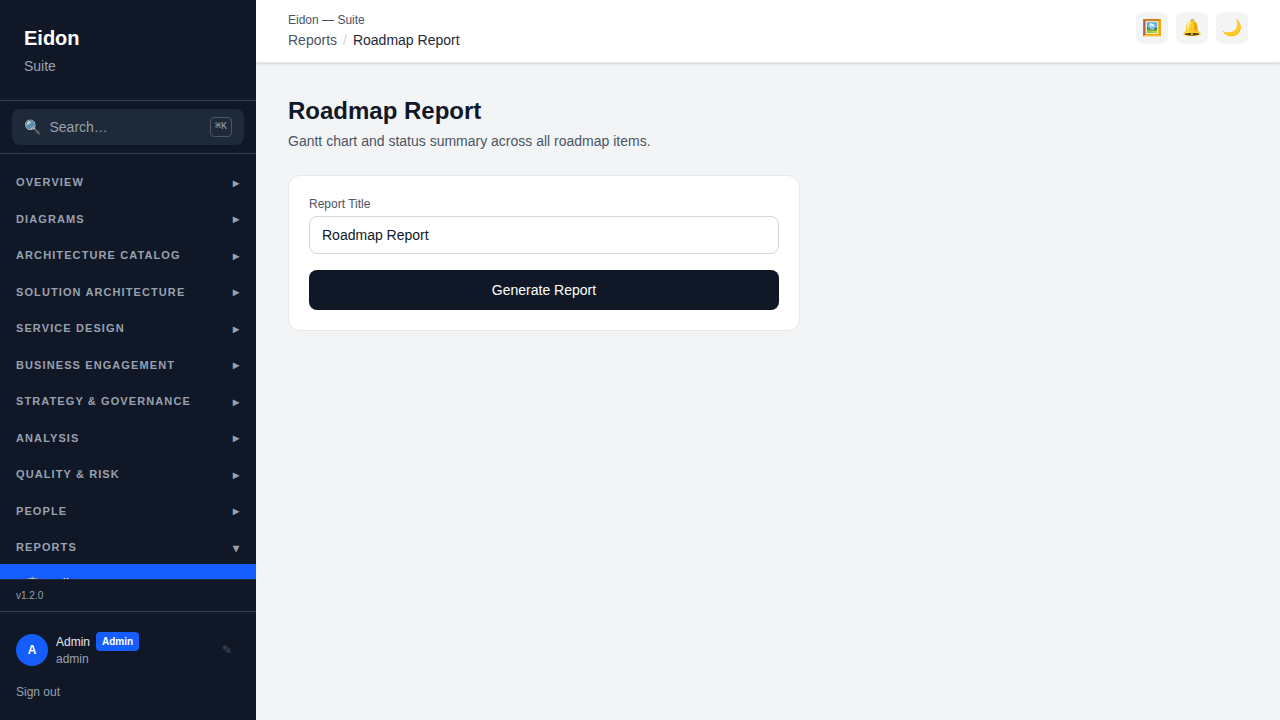 The Roadmap Report showing a printable summary of roadmap items by swim-lane and quarter.