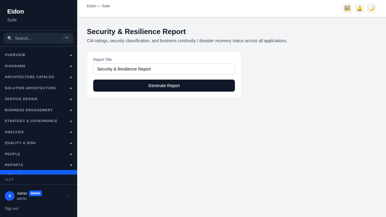 The Security and Resilience Report showing CIA ratings, security classifications and flagged governance gaps.