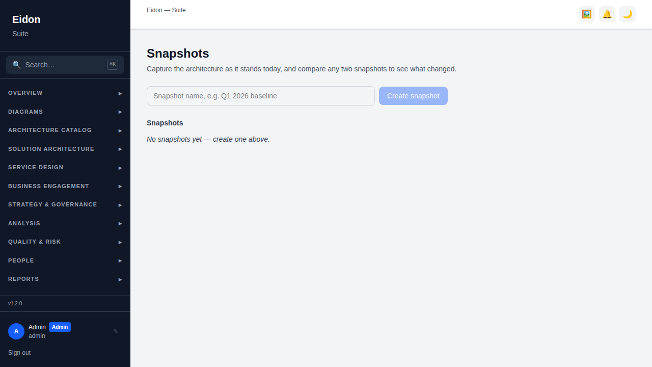 The Snapshots page showing captured architecture snapshots with compare and report actions.