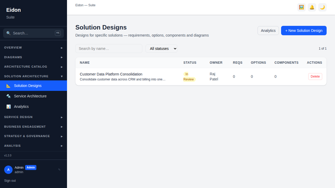 The Solution Designs list page showing each design with its status, owner, and requirement/option/component counts.